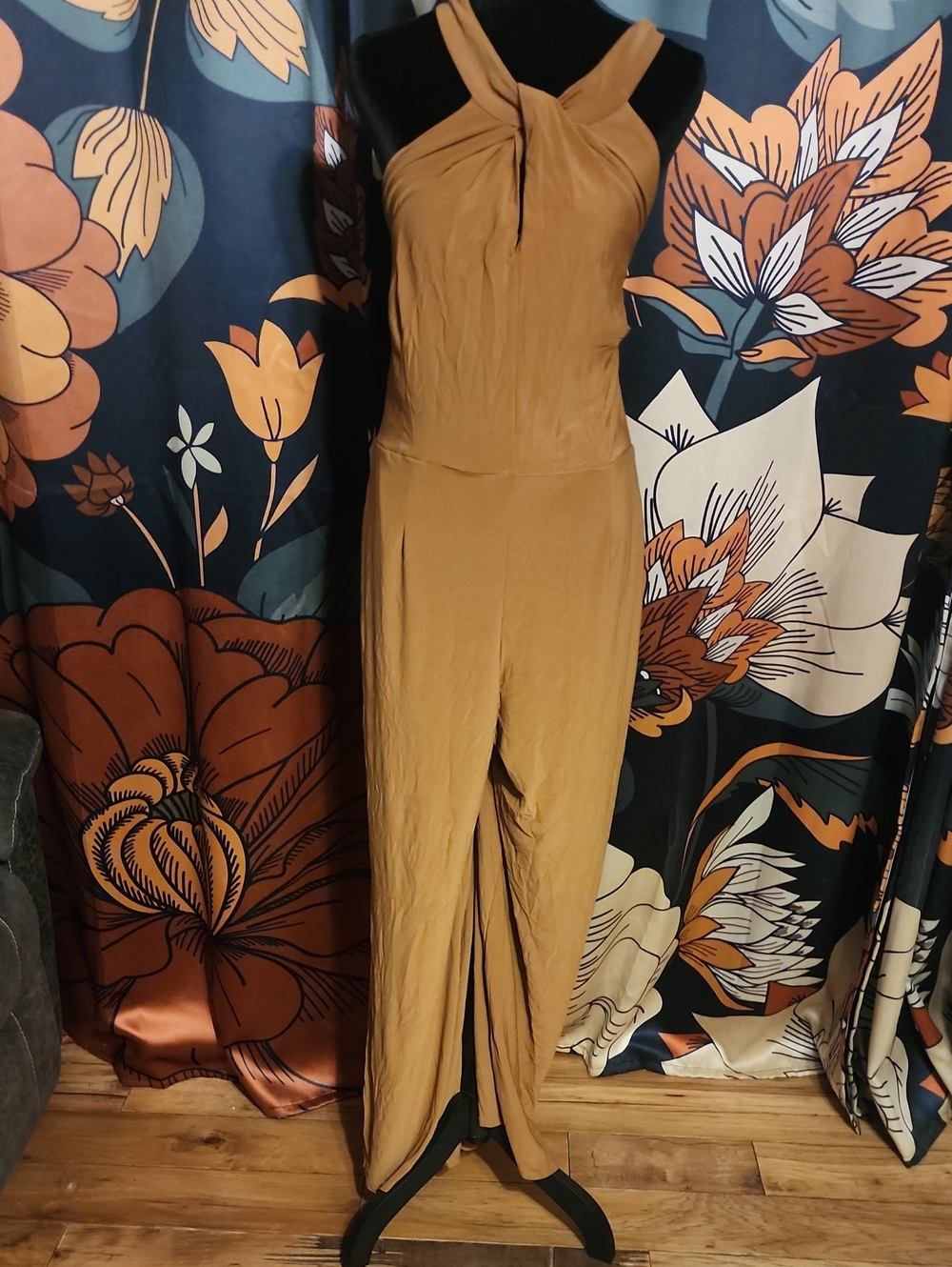 Nina Leonard Twist-Neck Sleeveless Jumpsuit in Camel